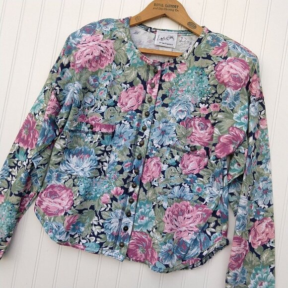 Vintage 90's Floral Crop Top Size M Button Front Tapestry Knit Grunge Coquette - Picture 10 of 15